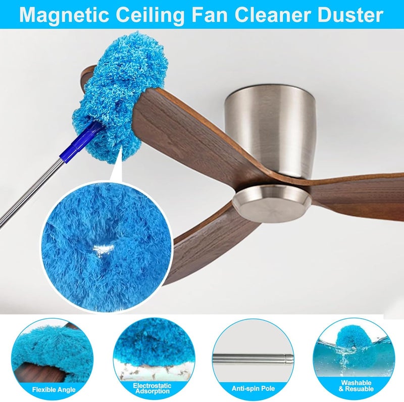 Tiumso Ceiling Fan Cleaner Dusters for Cleaning 6-in-1 Kit, Cobweb Duster with Extension Pole, 100 Inches High Ceiling Fan Blade Cleaners with 5 Reuseable Dusting Heads for Windows and Blinds- Blue - Image 2